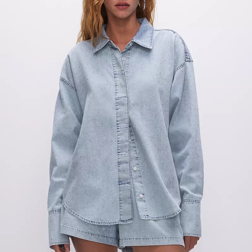 Good American rhinestone bling Light Wash Denim Button-Down Shirt